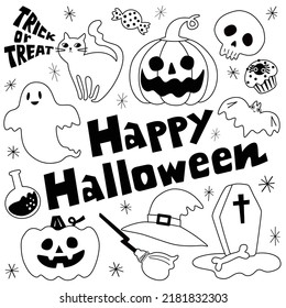 Set of handwritten vector illustrations for Halloween. Line drawings of pumpkin lanterns, ghosts, black cats and skulls.