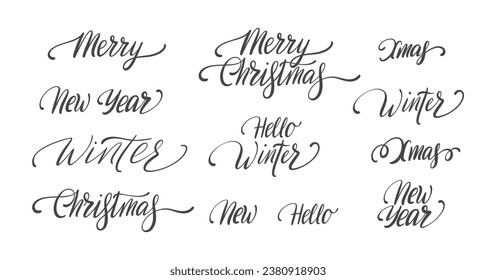 Set of handwritten winter holidays calligraphy. Merry Christmas, New Year, Hello Winter calligraphic lettering. Vector.