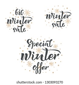 Set of handwritten winter sale inscriptions. Big Winter sale, Special winter offer, Winter sale vector hand lettering. Brush calligraphy with snowlakes on background