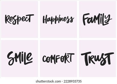 Set of handwritten words about happiness. 