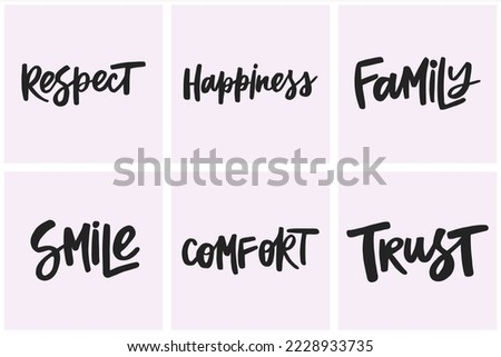 Set of handwritten words about happiness. 