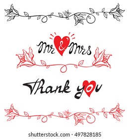 Set of handwritten words mr&mrs, thank you. Floral pattern.