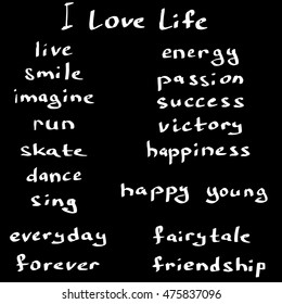 Set of hand-written words on black background. Vector. Isolated.