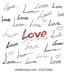 Set of handwritten words. The word LOVE. Some words on white background for design. Text in vector