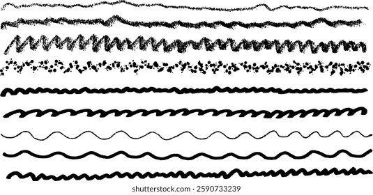 Set of handwritten zigzag and wavy lines, vector illustration isolated on transparent background