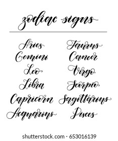 Set of handwritten zodiac sign names. Modern elegant lettering of cursive and capital font. Black letters and white background. For magazines, graphic design vector isolated image.