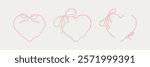 Set of handwritting boho heart ribbon frames. Wedding, ballet, coquette, flirtation, birthday invitation and gift, holiday celebration design elements. Wavy whimsical borders. Cute line doodle