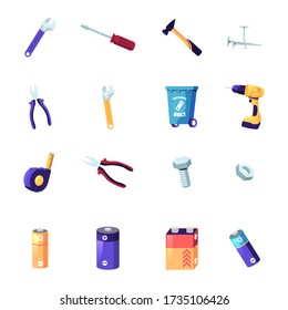 Set Handyman Tools or Instruments Wrench, Screwdriver and Hammer, Nail, Screw and Nut. Drill, Measuring Tape, Batteries and Accumulators, Segregation Recycling Litter Bin. Cartoon Vector Illustration