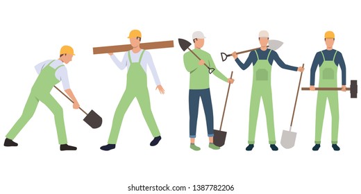 Set of handymen and builders standing, holding tools and working. Group of men wearing uniform. Vector illustration for building work presentation slide, construction business design