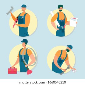 Set of Handymen Isolated on Grey Background. Repair Masters Wearing Blue Overalls and Hat Holding Different Instruments for Home Renovation and Fixing Technique. Cartoon Flat Vector Illustration