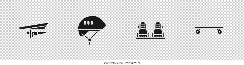 Set Hang glider, Bicycle helmet, Snowboard and Longboard or skateboard icon. Vector