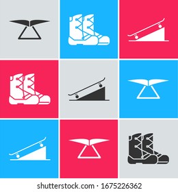 Set Hang Glider, Boots And Skateboard On Street Ramp Icon. Vector