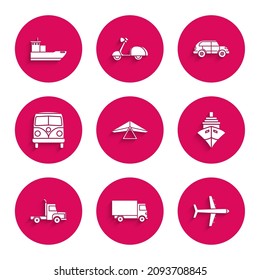 Set Hang glider, Delivery cargo truck vehicle, Plane, Cargo ship, Retro minivan, Hatchback and  icon. Vector