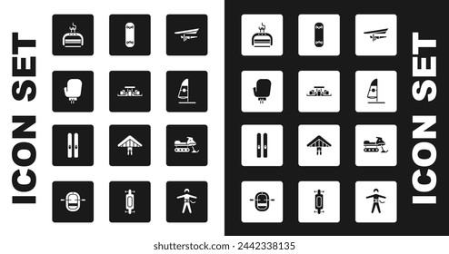 Set Hang glider, Formula 1 racing car, Boxing glove, Ski lift, Windsurfing, Skateboard trick, Snowmobile and and sticks icon. Vector