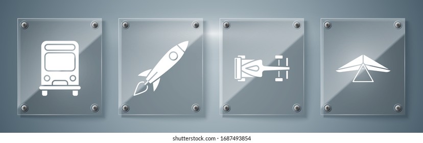 Set Hang glider, Formula race car, Rocket ship with fire and Bus. Square glass panels. Vector