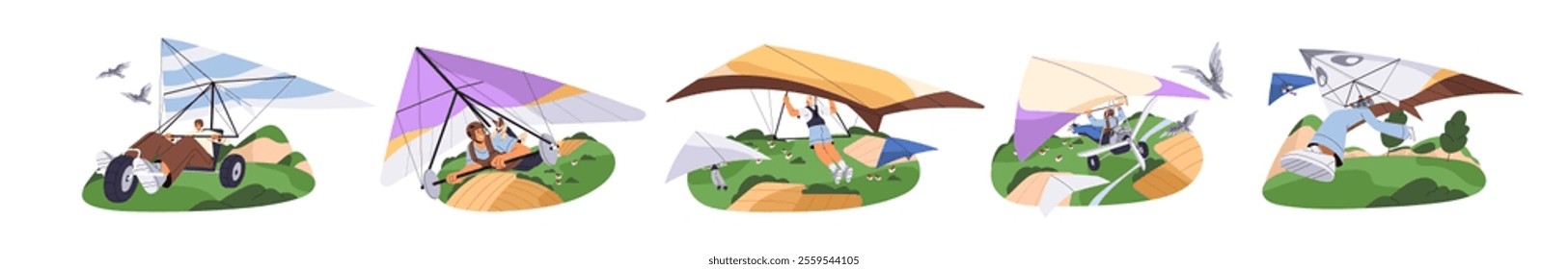 Set of hang glider are gliding in the sky. Hanggliders paragliding. People flying with wing in the air. Characters are in flight on para planes. Flat isolated vector illustrations on white background