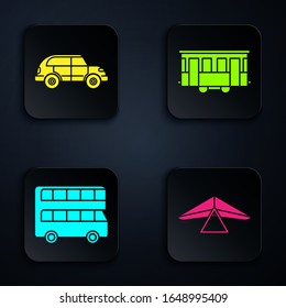 Set Hang glider, Hatchback car, Double decker bus and Old city tram. Black square button. Vector