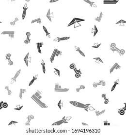 Set Hang glider, Rocket ship with fire, All Terrain Vehicle or ATV motorcycle and Cargo ship on seamless pattern. Vector
