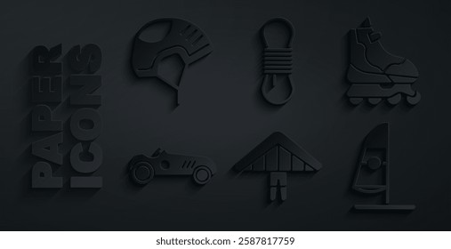 Set Hang glider, Roller skate, Vintage sport racing car, Windsurfing, Climber rope and Helmet icon. Vector