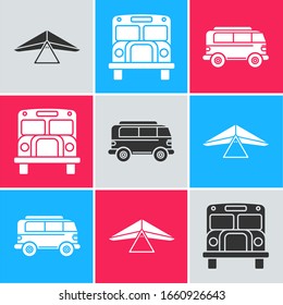 Coloque el planeador de Hang, el bus escolar y el icono de la minivan Retro. Vector