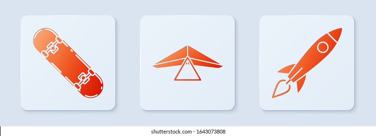 Set Hang glider, Skateboard and Rocket ship with fire. White square button. Vector