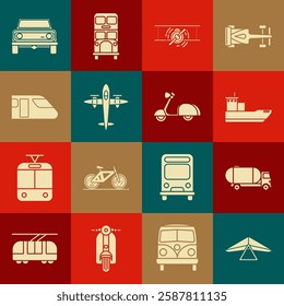 Set Hang glider, Tanker truck, Cargo ship, Old retro vintage plane, Train, Off road car and Scooter icon. Vector