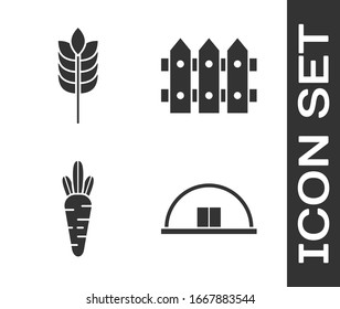 Set Hangar, Cereals with rice, wheat, corn, oats, rye, Carrot and Garden fence wooden icon. Vector
