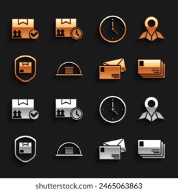 Set Hangar, Placeholder on map paper, Envelope, Delivery pack security with shield, Fast time delivery, Package box check mark and Cardboard and fast icon. Vector