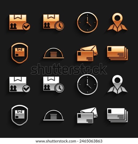 Set Hangar, Placeholder on map paper, Envelope, Delivery pack security with shield, Fast time delivery, Package box check mark and Cardboard and fast icon. Vector