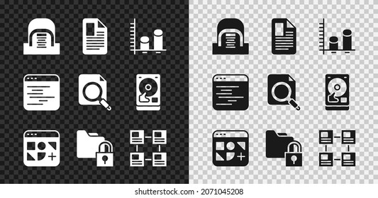 Set Hangar with servers, File document, Data analysis, Different files, Folder and lock, Hierarchy organogram chart, Software and Search concept folder icon. Vector