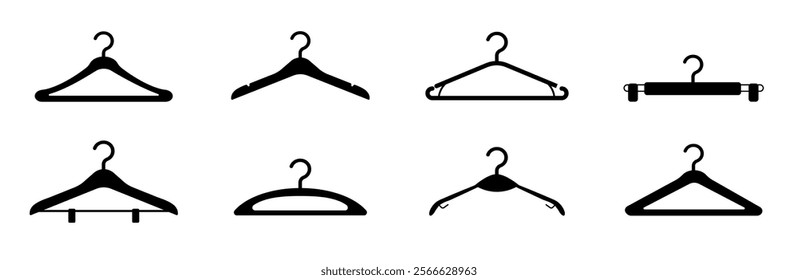 Set of hanger icons. Metal and wooden clothes hangers. Fashion boutique, clothing store and wardrobe. Fashion, trend and style. Flat vector collection isolated on white background