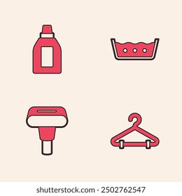 Set Hanger wardrobe, Bottle for cleaning agent, Temperature wash and Garment steamer icon. Vector