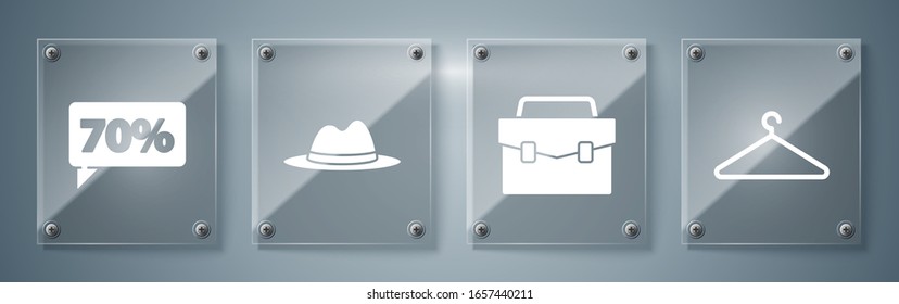 Set Hanger wardrobe, Briefcase, Man hat with ribbon and Seventy discount percent tag. Square glass panels. Vector