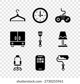 Set Hanger wardrobe, Clock, Gamepad, Office chair, Mobile Apps, Paint roller brush, Wardrobe and Spatula icon. Vector