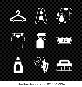 Set Hanger wardrobe, Clothes pin, Dirty t-shirt, Bottle for cleaning agent, Electric iron, Brush, Drying clothes and Water spray bottle icon. Vector