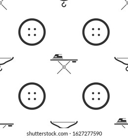 Set Hanger wardrobe, Electric iron and ironing board and Sewing button for clothes on seamless pattern. Vector
