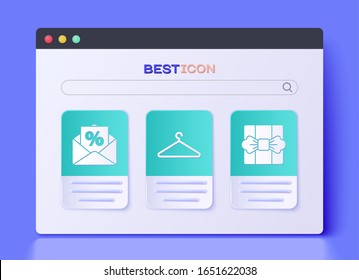 Set Hanger wardrobe, Envelope with an interest discount and Gift box icon. Vector