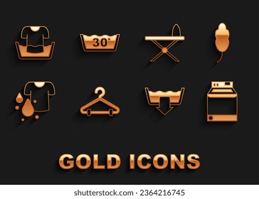 Set Hanger wardrobe, Feather, Washer, Washing modes, Dirty t-shirt, Iron and ironing board, Basin with and Temperature wash icon. Vector