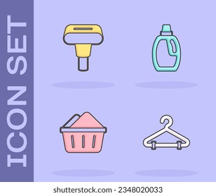 Set Hanger wardrobe, Garment steamer, Basin with soap suds and Bottle for cleaning agent icon. Vector