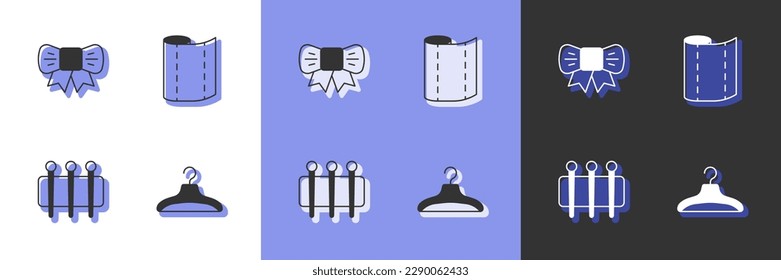 Set Hanger Kleiderschrank, Geschenkbogen, Nadel zum Nähen und Textile Gewebe Rolle Symbol. Vektorgrafik