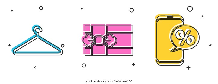 Set Hanger wardrobe, Gift box and Percent discount and phone icon. Vector