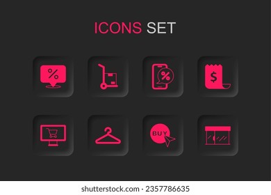 Set Hanger wardrobe, Hand truck and boxes, Discount percent tag, Buy button, Paper check financial check, Market store, Percent discount phone and Shopping cart monitor icon. Vector