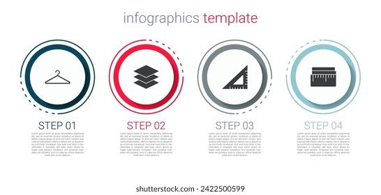 Set Hanger wardrobe, Layers clothing textile, Triangular ruler and Tape measure. Business infographic template. Vector