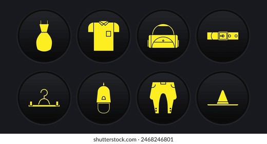 Set Hanger wardrobe, Leather belt, Police cap with cockade, Pants, Sport bag, Polo shirt, Gardener worker hat and Woman dress icon. Vector