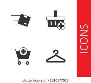 Set Hanger wardrobe, Location with cardboard box, Add to Shopping cart and basket icon. Vector