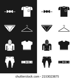 Set Hanger Wardrobe, Men Underpants, Bow Tie, Polo Shirt, Hoodie, T-shirt, Leather Belt And Pants Icon. Vector