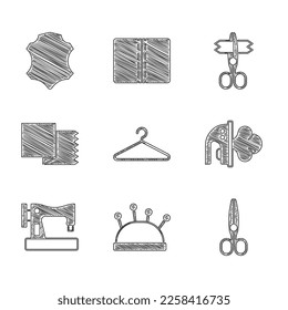 Set Hanger wardrobe, Needle bed and needles, Scissors, Electric iron, Sewing machine, Textile fabric roll,  and Leather icon. Vector