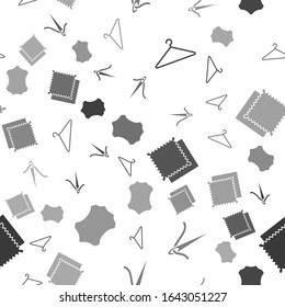 Set Hanger wardrobe, Needle for sewing with thread, Textile fabric roll and Leather on seamless pattern. Vector