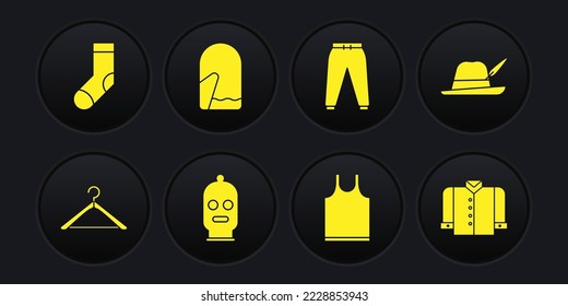 Set Hanger wardrobe, Oktoberfest hat, Balaclava, Sleeveless T-shirt, Sport pants, Christmas mitten, and Socks icon. Vector