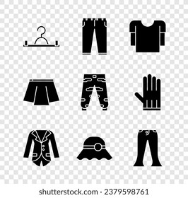 Coloca armario para la Hanger, Pantalones, Camisas de manga larga, Blazer o chaqueta, sombrero femenino elegante, falda y un icono de pantalones de carga para el Camuflaje. Vector